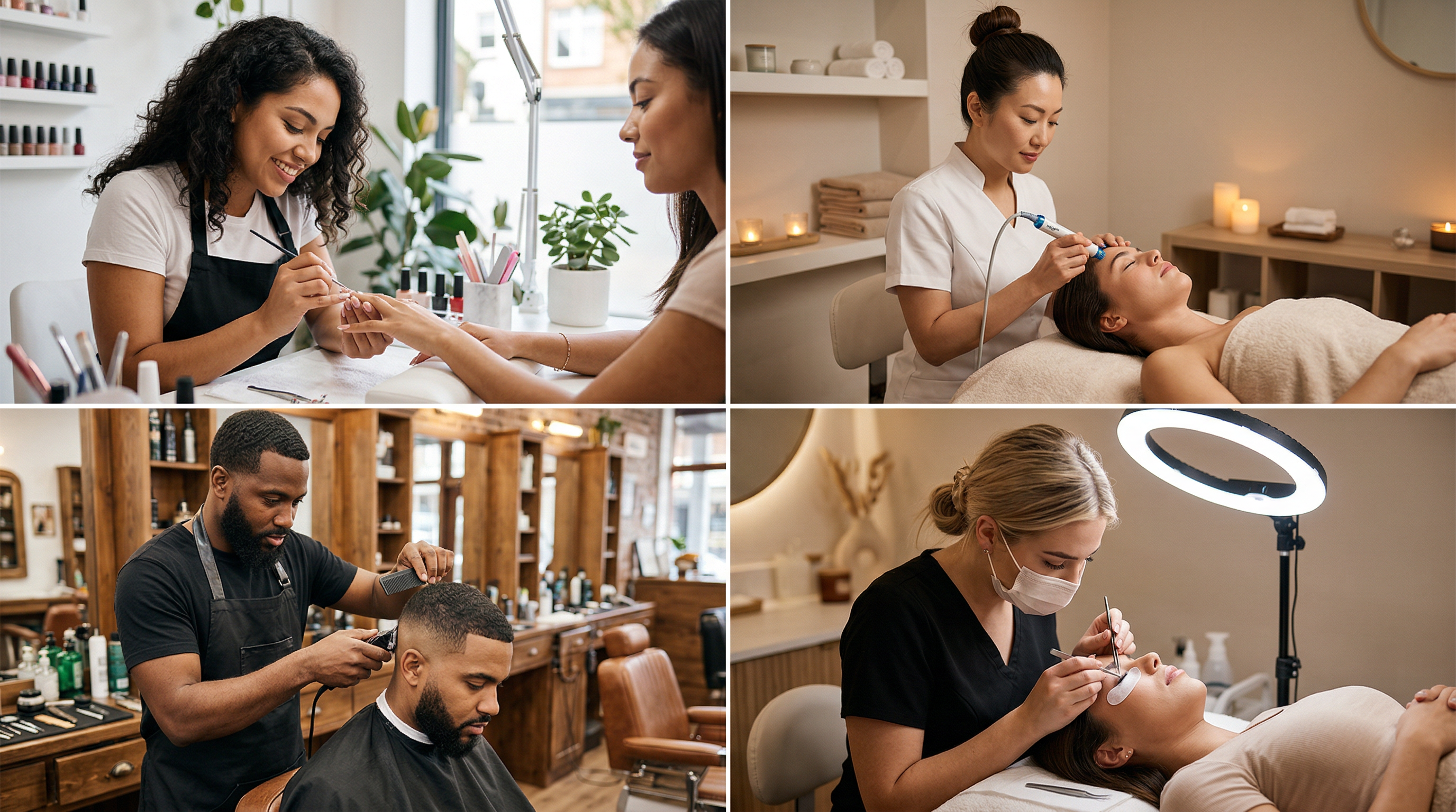 Four beauty professionals at work: a nail technician, an esthetician, a barber, and a lash artist