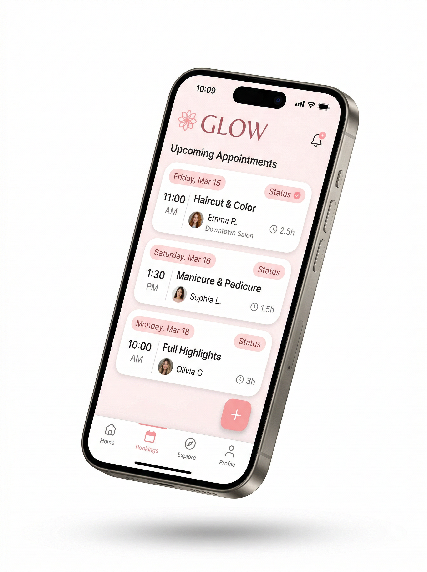 iPhone screen showing ChairReady's booking app with an appointment calendar and client list