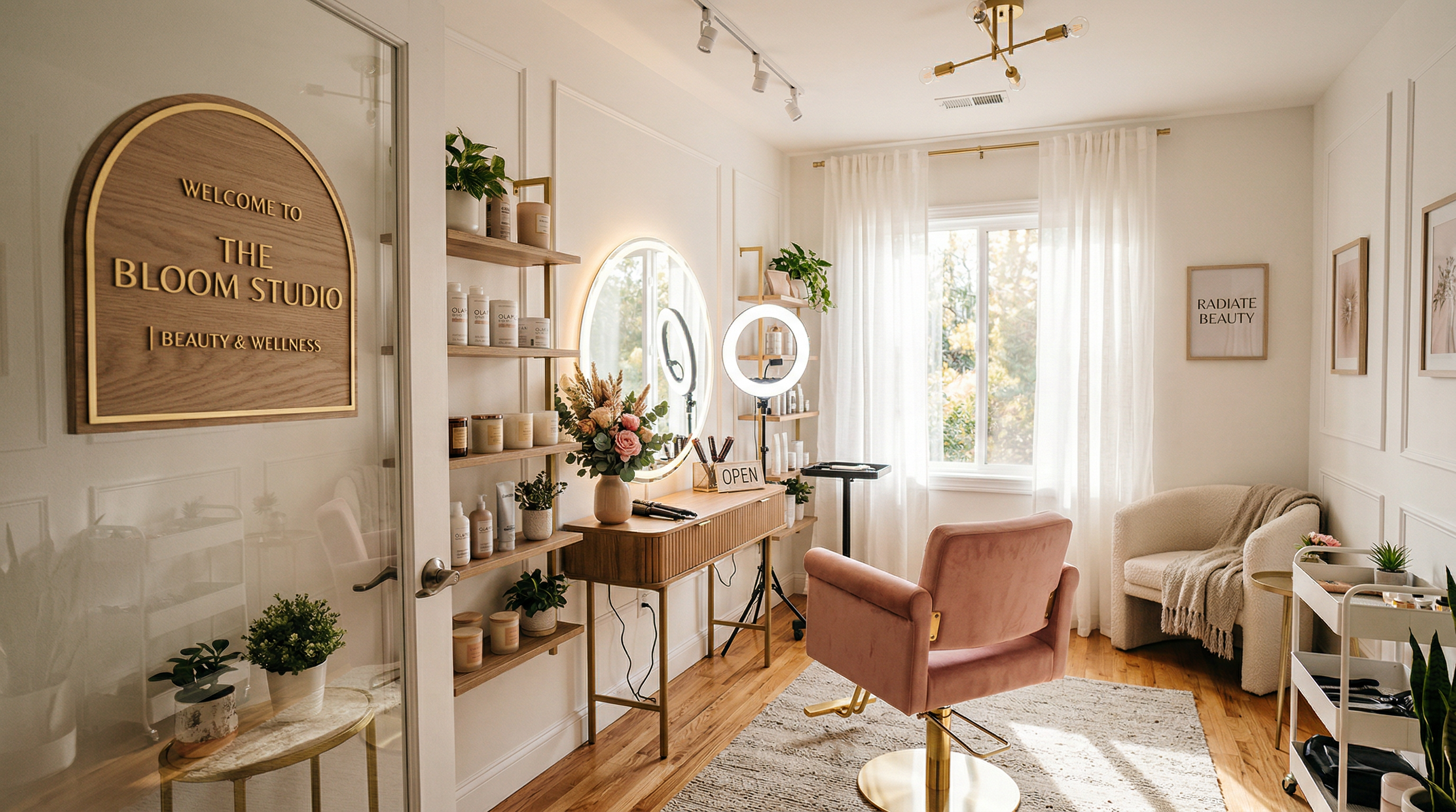 A beautifully appointed modern salon suite with warm lighting, clean surfaces, and a professional setup